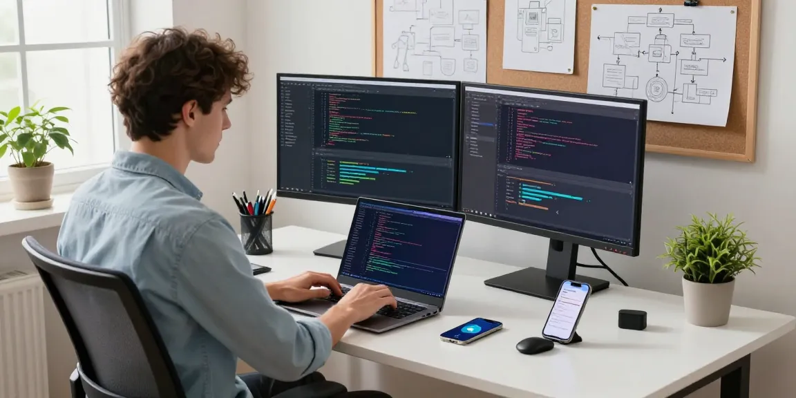 Experience robust Telegram Download capabilities with a focused developer coding in a bright, modern workspace.