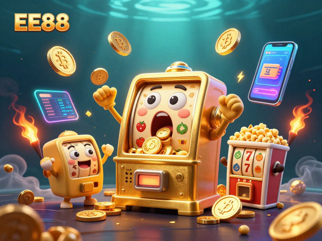 Experience the excitement of EE88 as a golden slot machine hits a jackpot with cheering baby slots around!