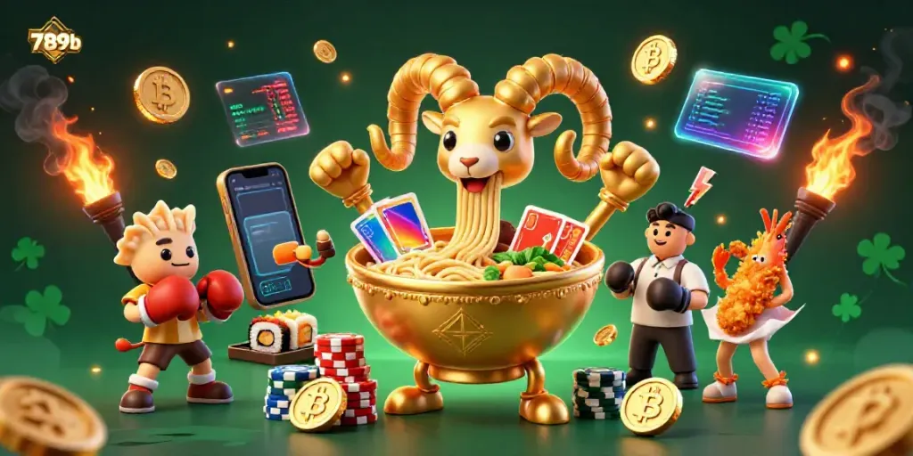 Engage in thrilling gameplay at 789b with a vibrant 3D casino scene featuring characters and crypto elements.