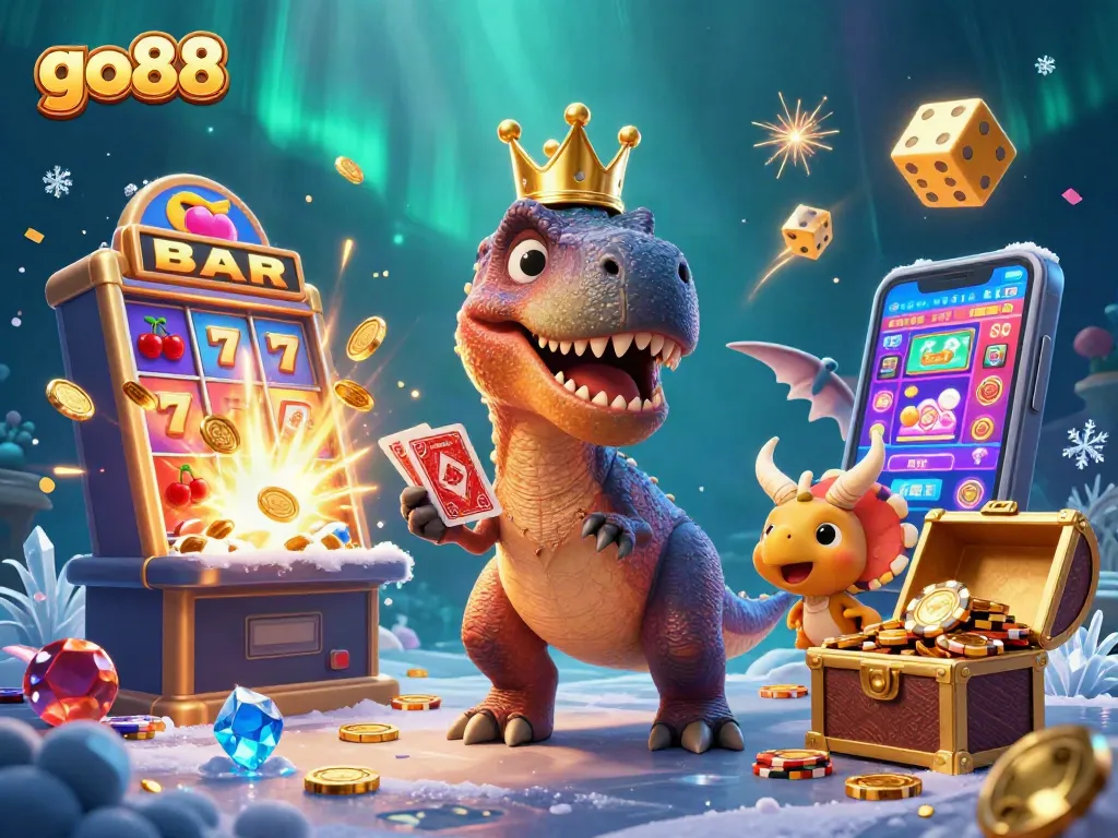 Join the fun at go88 with a T-Rex shuffling cards and a baby triceratops stacking chips in a vibrant casino scene.