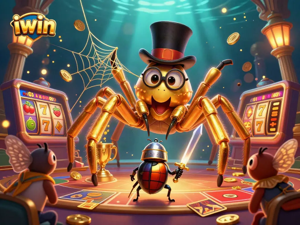 Watch as the iwin golden tarantula spins a web in a vibrant casino, surrounded by dynamic slot elements.