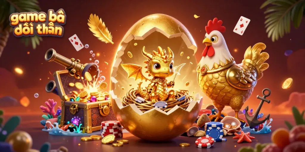 A baby dragon made of gold emerges from a golden egg with chips surrounding it, representing game bài đổi thưởng.
