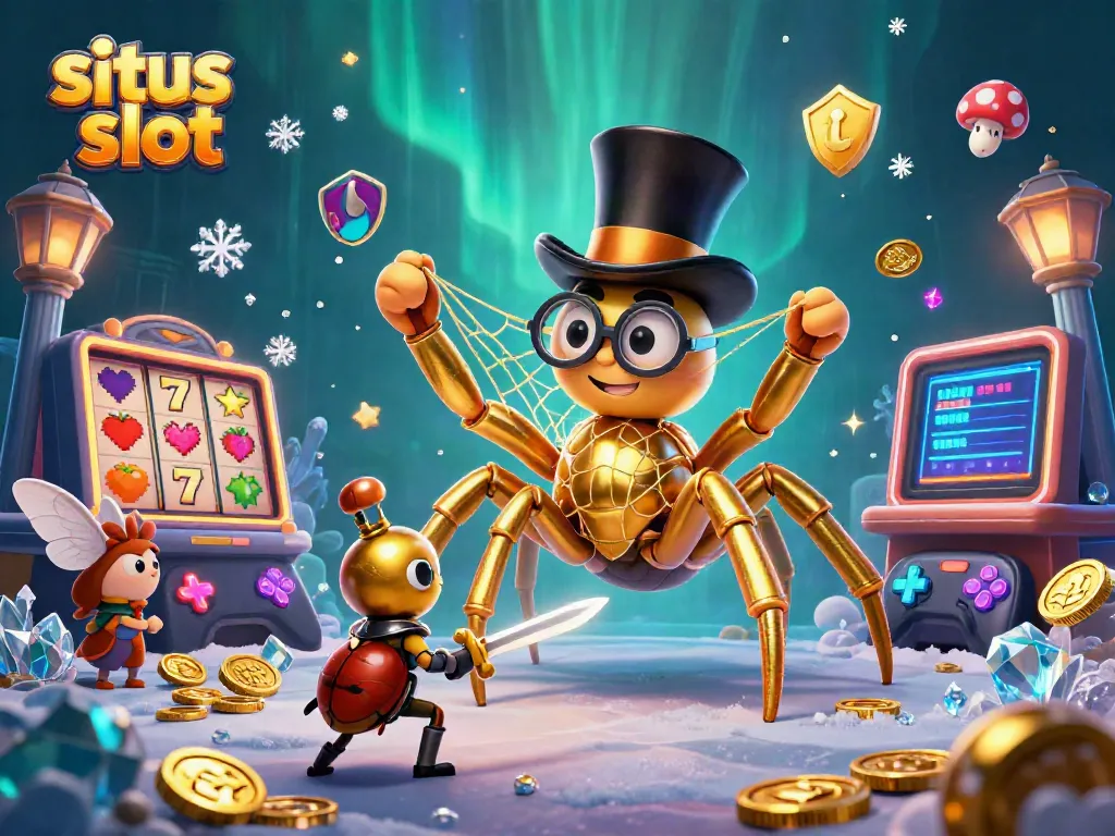 Experience the excitement of situs slot with a vibrant 3D illustration featuring dynamic casino elements and characters.