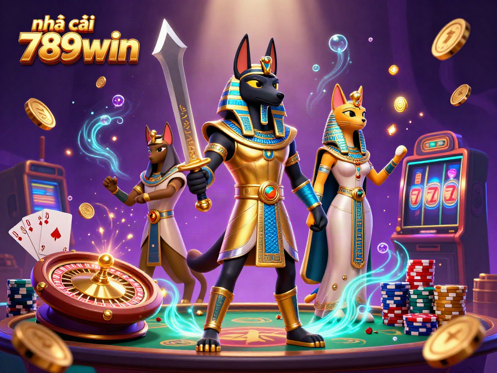 Experience the excitement of nhà cái 789win with Egyptian warriors and gaming elements in this vibrant casino scene.