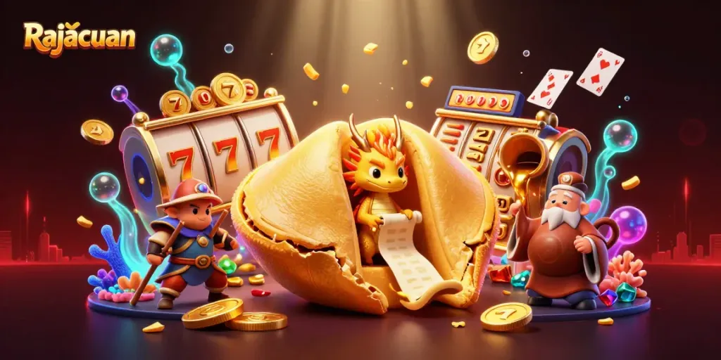 Engage with Rajacuan's exciting casino adventure through a vibrant scene filled with colorful slot machines and golden treasures.
