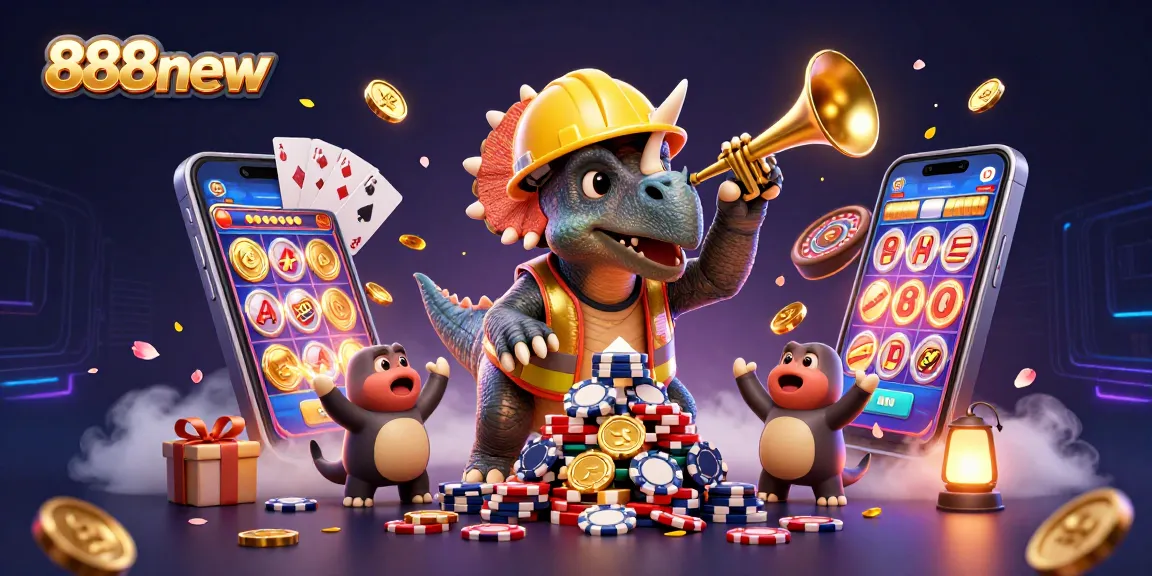 Experience thrilling wins at 888new with a vibrant casino scene featuring joyful characters, slot games, and poker chips.