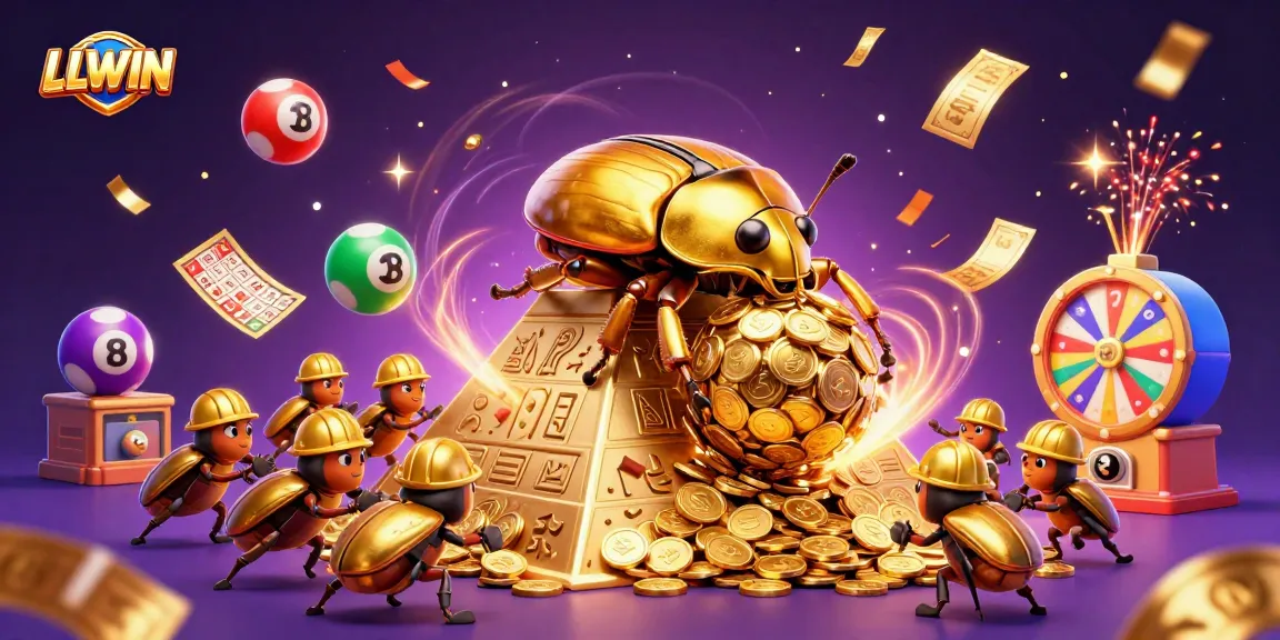 LLWIN lottery scene with golden beetles rolling coins, colorful balls, and vibrant casino elements.