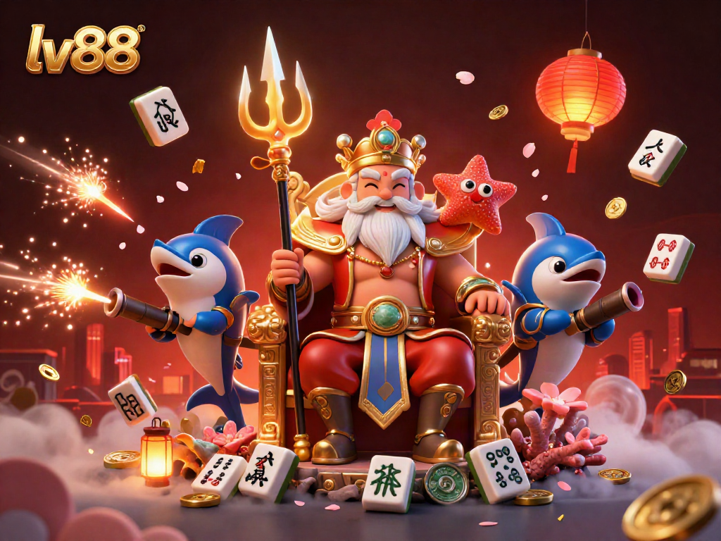 Experience the vibrant energy of lv88 with a dynamic scene featuring Neptune, a swordfish samurai, and rich casino elements.