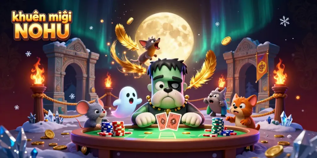Feel the excitement of khuyến mãi NOHU as the Frankenstein bulldog monster deals cards, floating ghost mouse and werewolf kitten join the thrill.