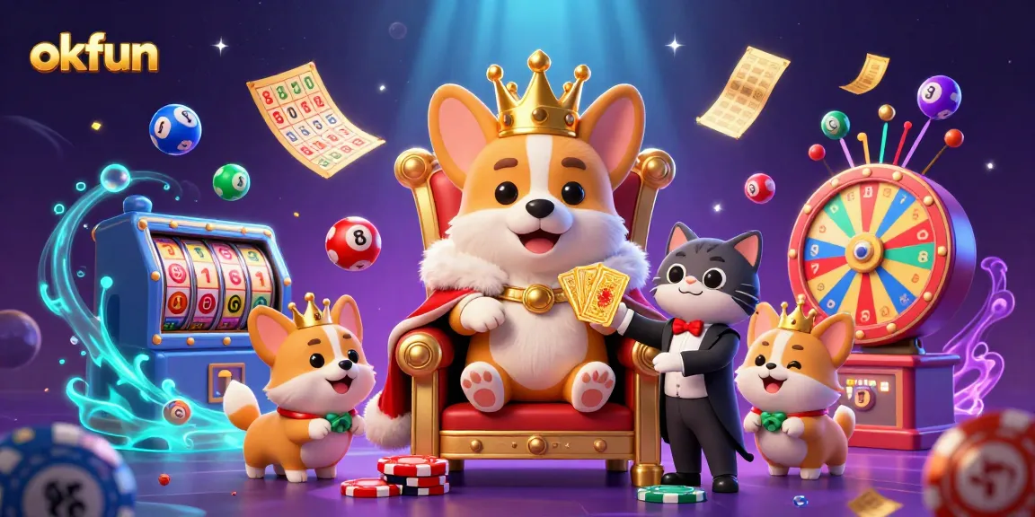 Experience the excitement of okfun with a royal corgi themed casino scene featuring vibrant slot games and lively elements.