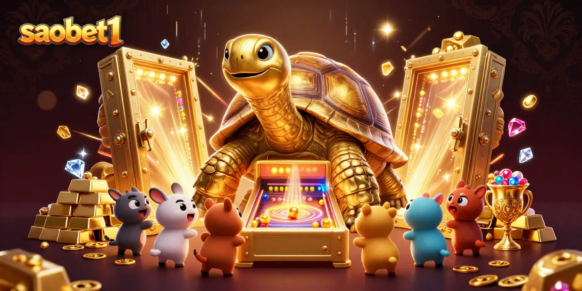 Savoring winnings at saobet1, featuring a colossal golden tortoise and treasure highlights in a vibrant casino scene.