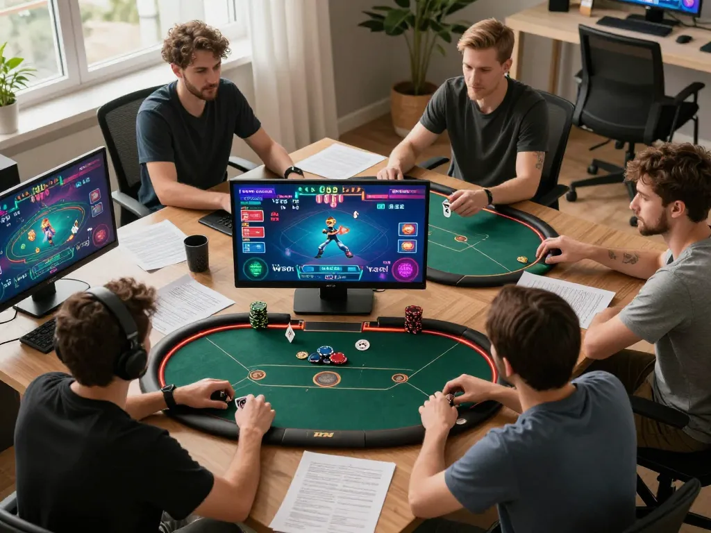 Players enjoying interactive online poker gaming session showcased by bulenthasan, with strategy notes and vibrant screens.
