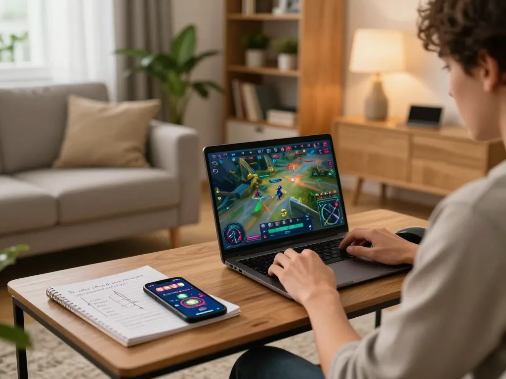 Engaging home scene of a player enjoying a game online on laptop, highlighting strategic gambling setup.
