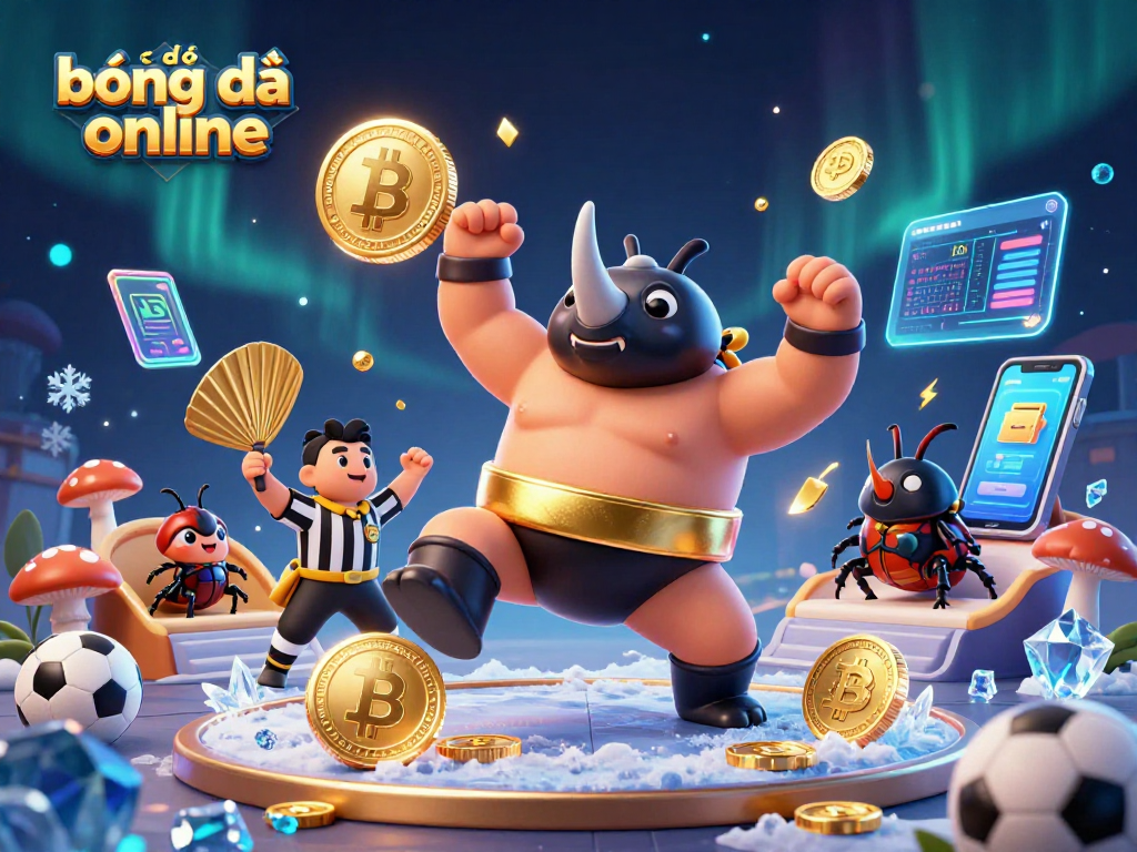 Cá độ bóng đá online scene featuring beetles celebrating sports betting with cryptocurrencies.