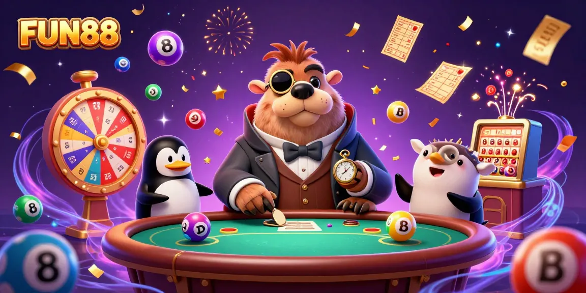 Experience excitement at FUN88 with a whimsical underwater poker game featuring a walrus, penguin dealer, and money flying around.