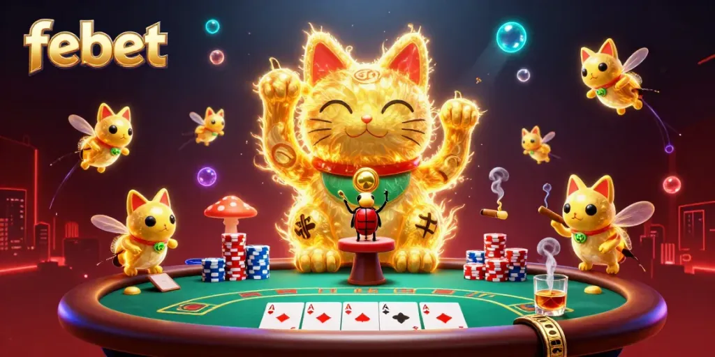 Experience the vibrant betting atmosphere of febet with a dynamic lucky cat and casino elements.