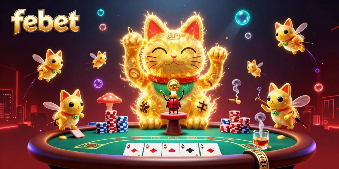 Experience the vibrant betting atmosphere of febet with a dynamic lucky cat and casino elements.