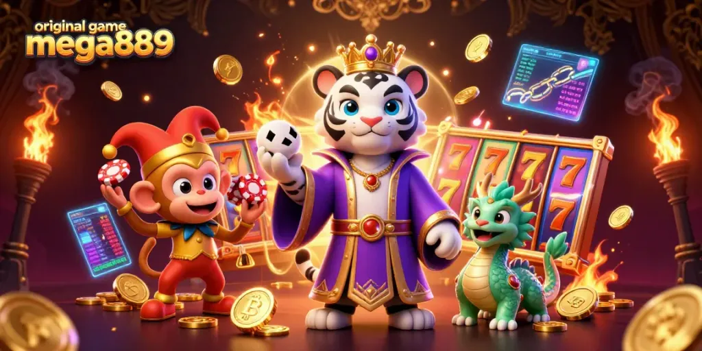 Engage with the original game mega889 in a vibrant casino scene featuring a royal tiger and playful monkey.