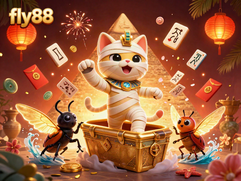Experience the excitement at fly88 with a cartoon Egyptian mummy cat in a vibrant casino burst of color.