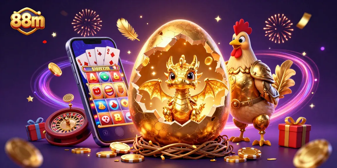 Win big with 88m's vibrant casino universe featuring golden dragon and poker chips.