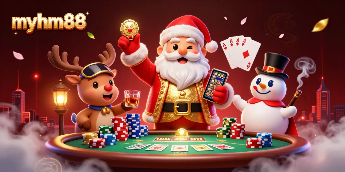 Spin jackpots and win big at myhm88 with Santa and friends in a festive casino scene.