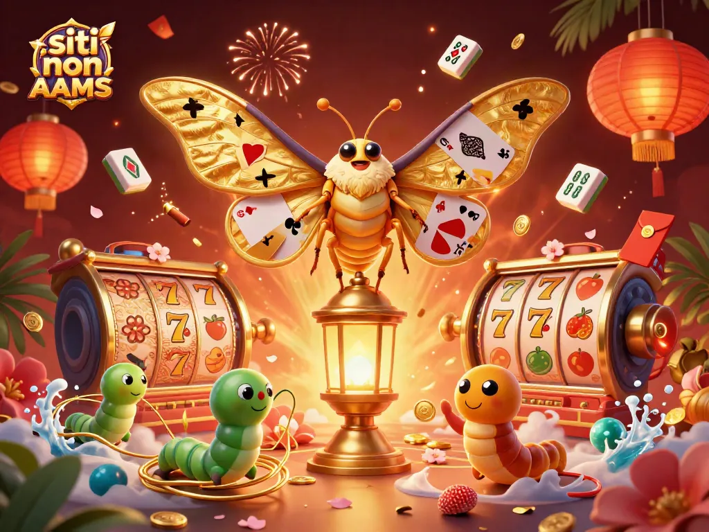 I giochi nei siti non AAMS brillano con una scena di un falena dorata, giochi d'azzardo, e decorazioni festose.