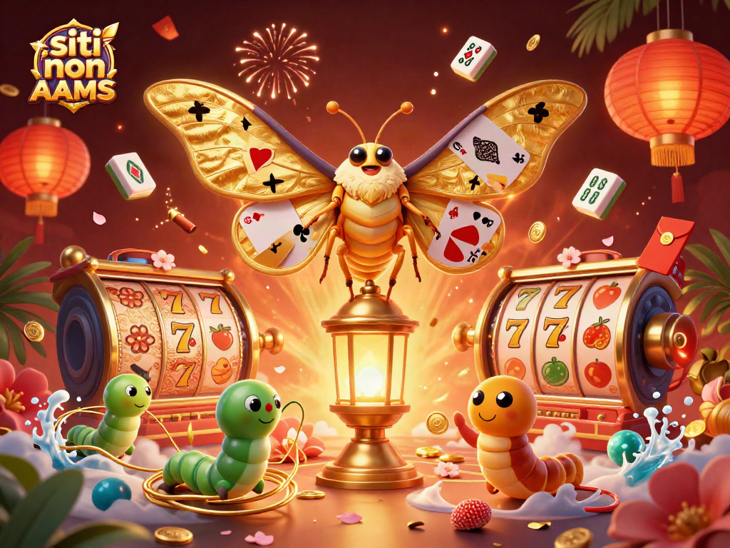 I giochi nei siti non AAMS brillano con una scena di un falena dorata, giochi d'azzardo, e decorazioni festose.