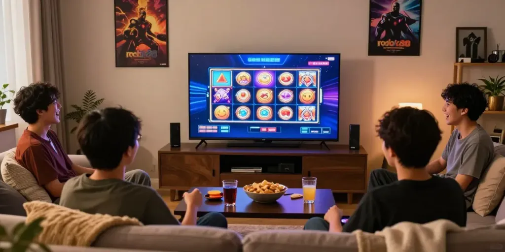 Players enjoying rokok88 slot with snacks in a cozy living room.