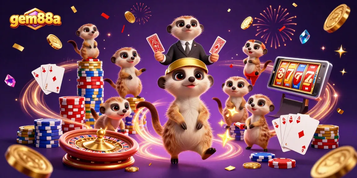 Experience gem88a’s vibrant casino scene with meerkats celebrating big wins in this 3D digital art.
