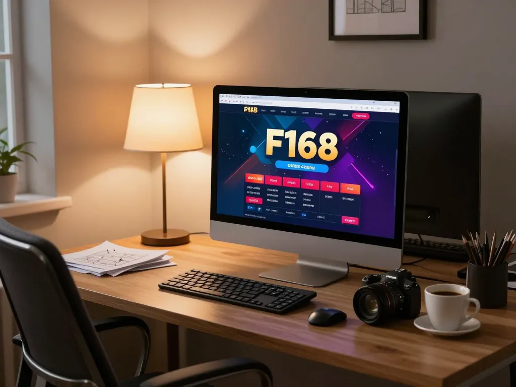 Player engaging with F168 casino interface on a sleek desktop in a cozy home office environment.
