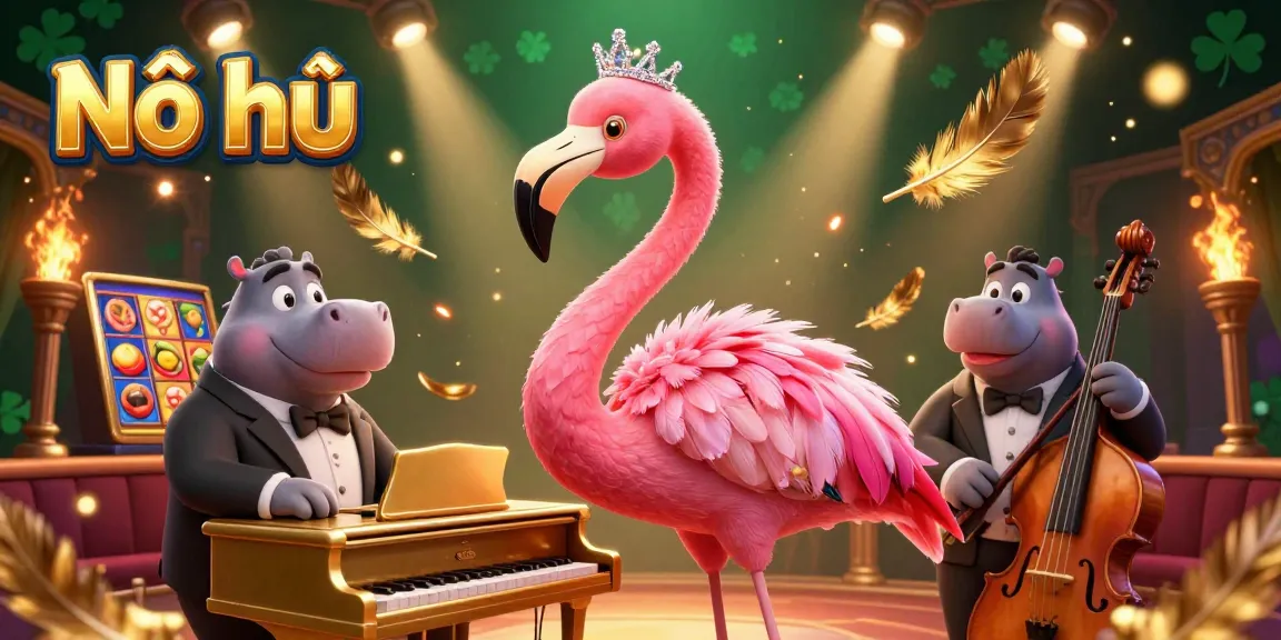 Nổ hũ casino scene with a pink flamingo singer and a hippo bassist engaging players in jackpot excitement.