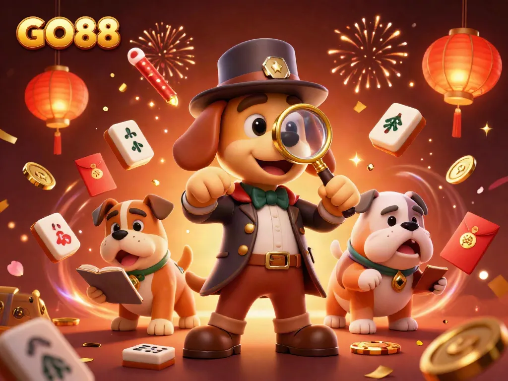 GO88 features a detective bloodhound searching for treasure in an exciting casino-themed illustration.