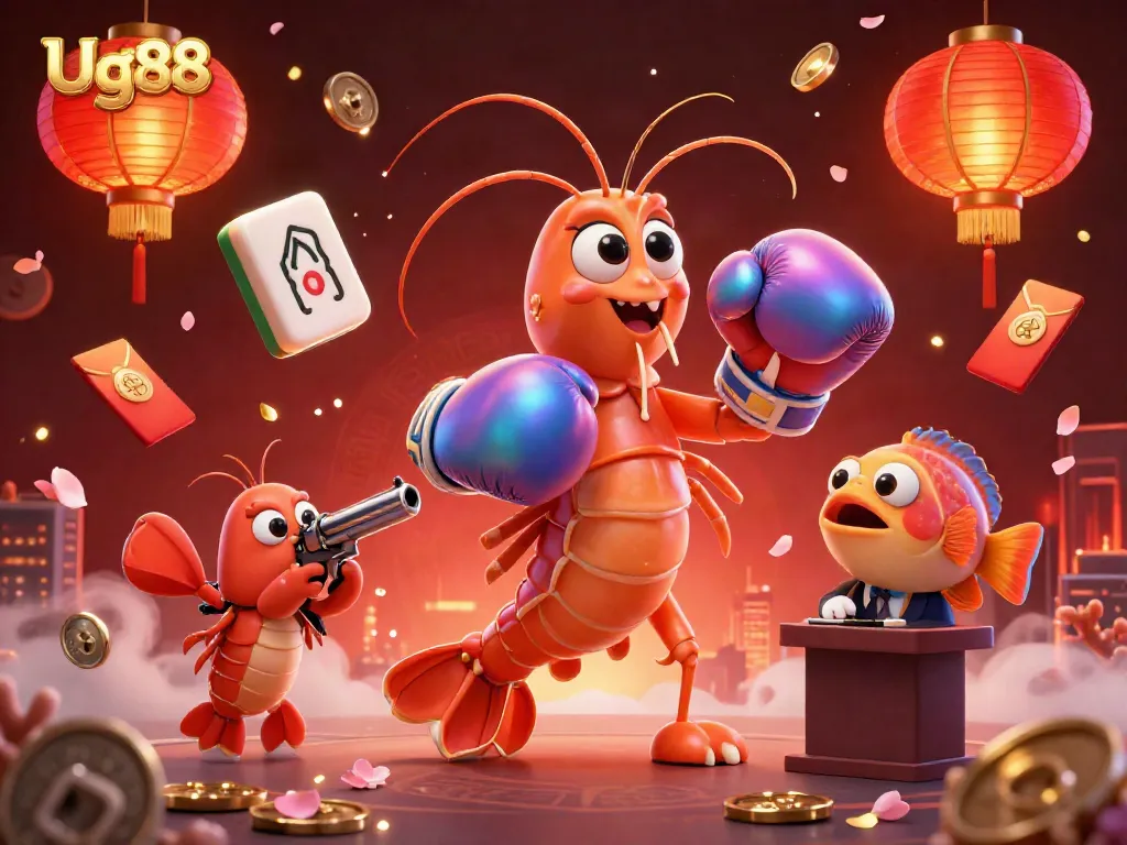 Experience thrilling gameplay at Ug88 with lively casino elements in a dynamic 3D illustration.