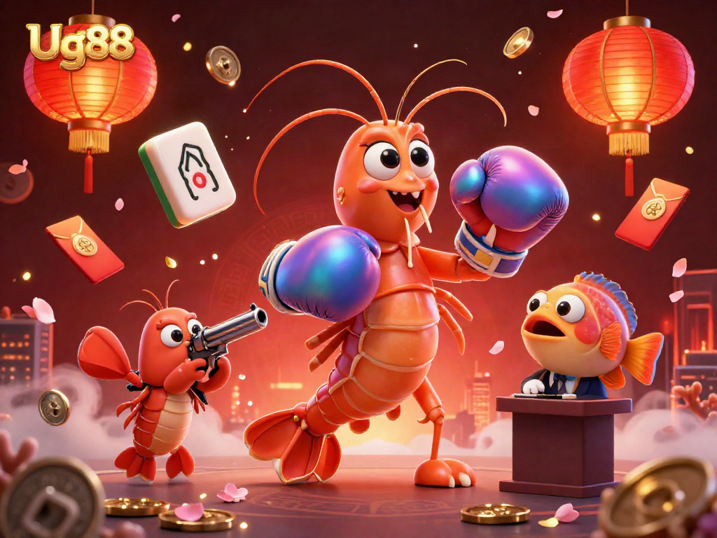 Experience thrilling gameplay at Ug88 with lively casino elements in a dynamic 3D illustration.