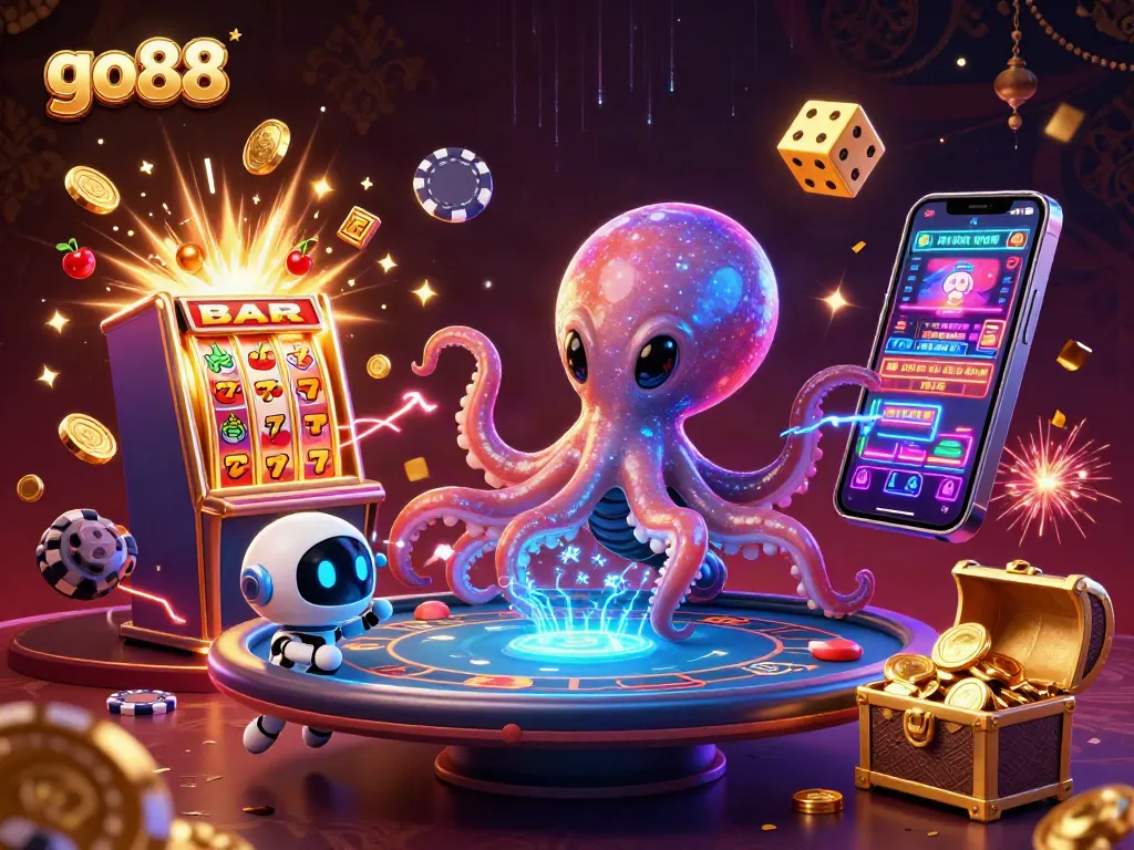 Experience thrilling gameplay at go88 with an energetic illustration of an alien octopus at a poker table.
