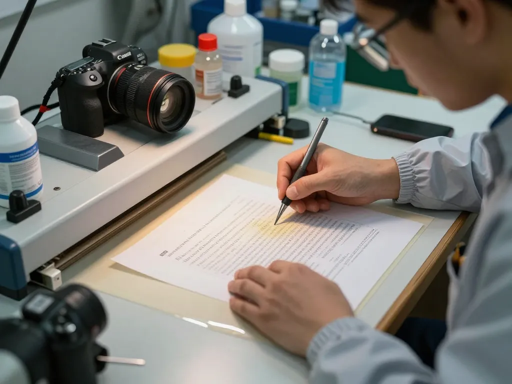 Technician bóc plastic from a fragile document using advanced restoration tools in a professional environment.