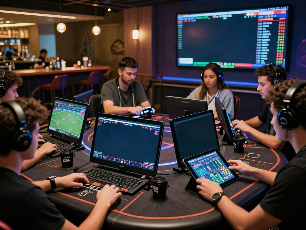 Gamers enjoying net88 online betting in an energetic casino atmosphere with vibrant screens and digital devices.