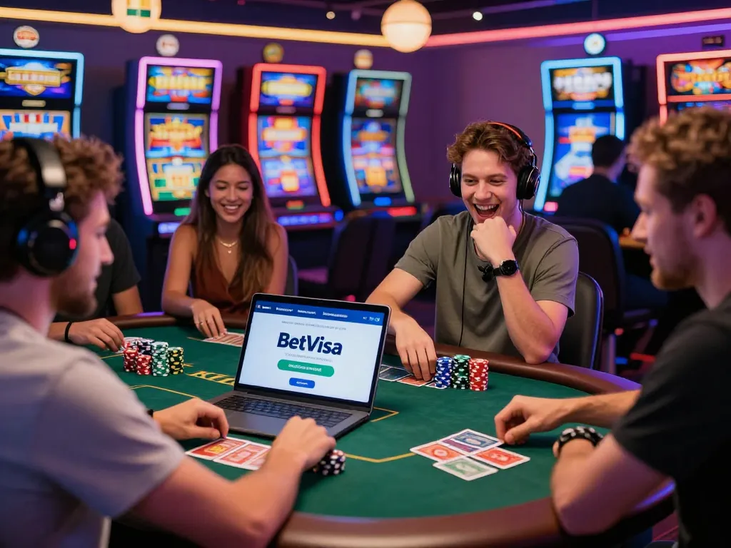 Engaging online casino experience with players using BetVisa promo codes and vibrant game atmosphere.