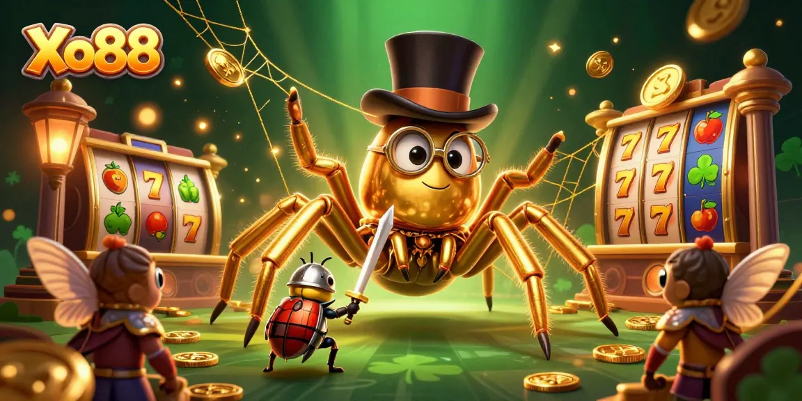Xo88 spins the reels in a vibrant casino scene surrounded by golden elements and characters.