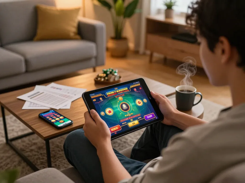 Player engaging in online gaming on a tablet with wittehomesolutions, creating an interactive gambling experience at home.
