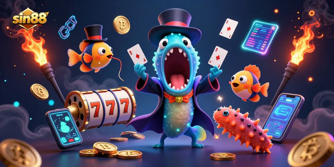 Experience thrilling magic tricks with sin88 featuring a bioluminescent eel and crypto coins in a vibrant casino scene.