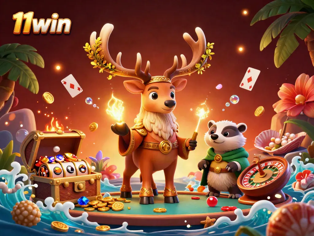 Experience the thrill of 11win with a dynamic illustration of a druid stag amidst gambling elements.