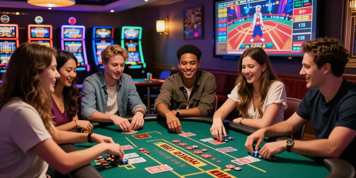Exciting KO66 casino gaming scene with friends enjoying diverse games, vibrant ambiance, and dynamic energy.