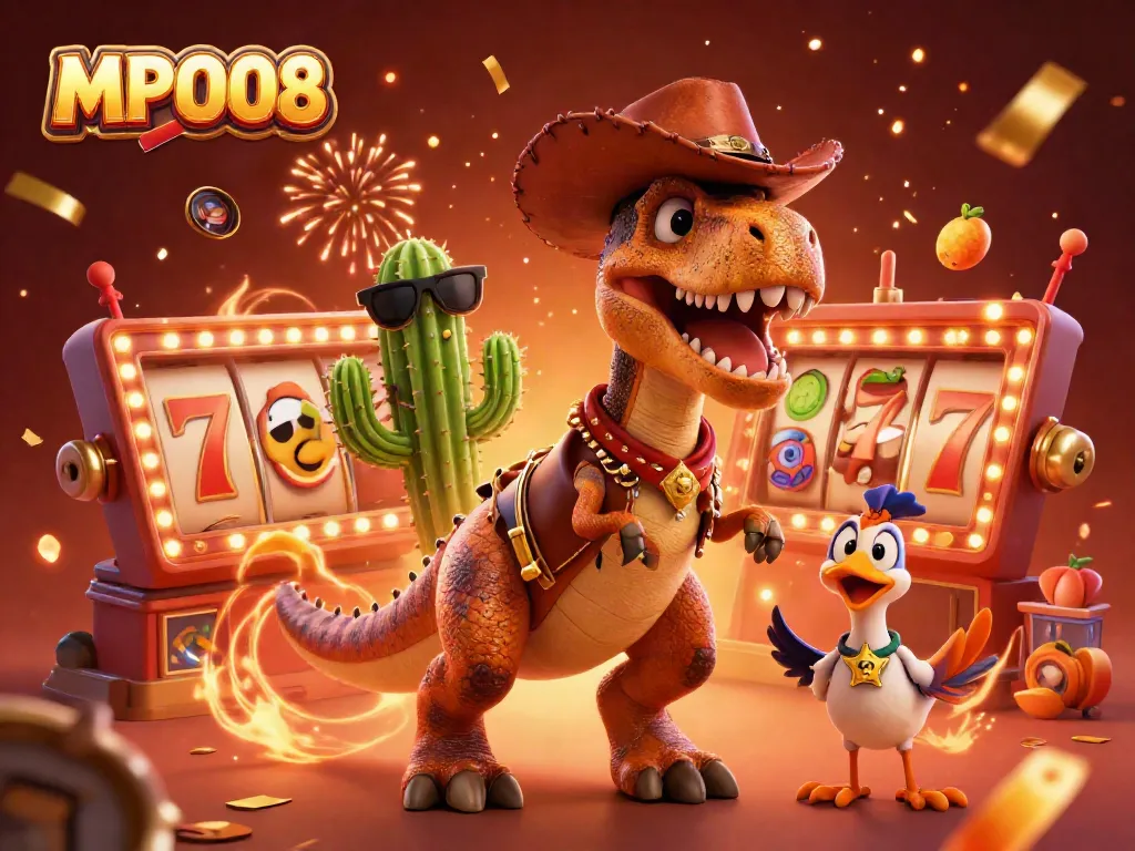 MPO08 showcases a vibrant T-Rex and friends amidst lively gaming elements, enhancing player excitement.