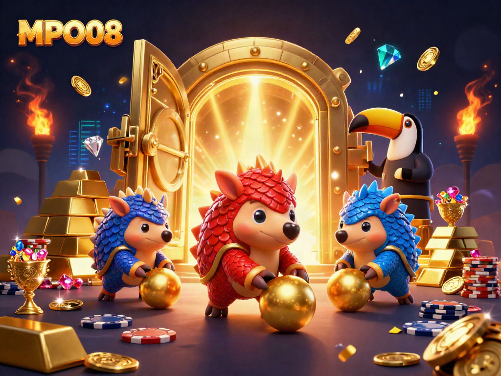 MPO08 offers a vibrant scene with pangolins in a gambling showdown, showcasing casino elements.