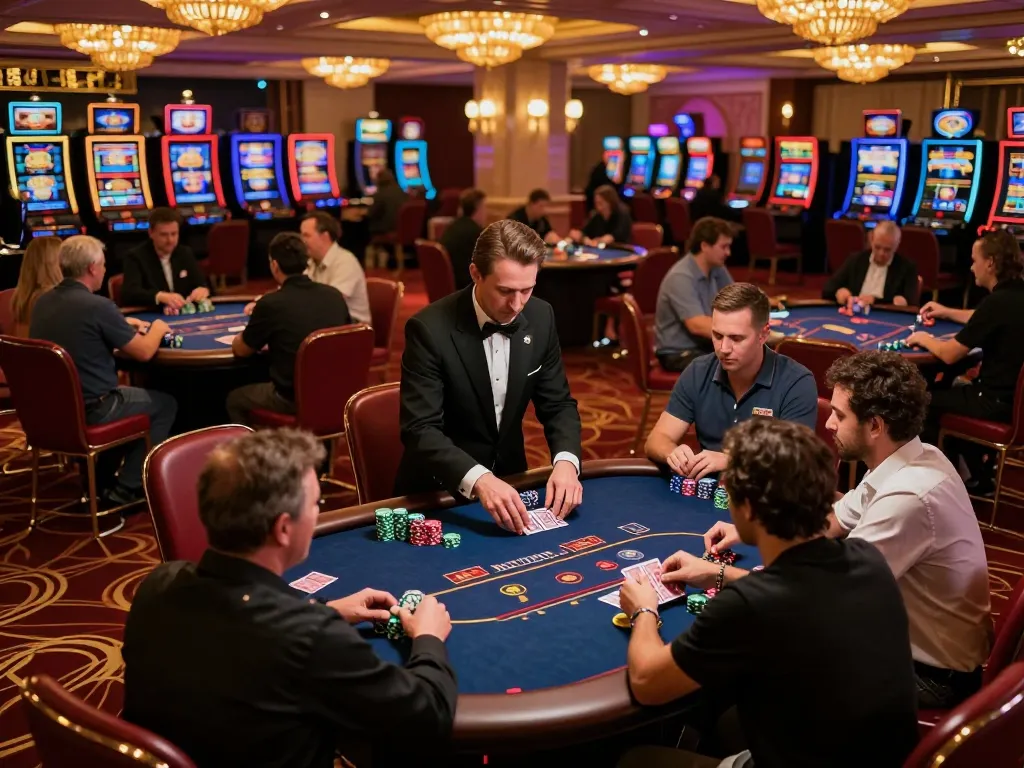 Experience lifestylebanking in a high-stakes casino, players engaged in poker with vibrant lighting and luxurious decor.