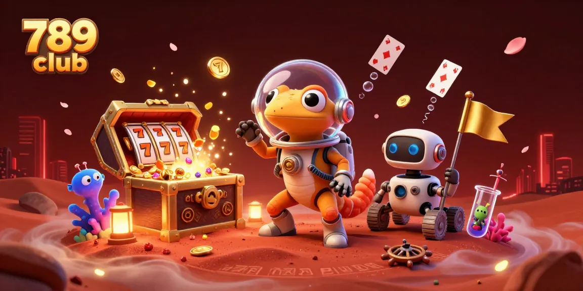 Experience the excitement of 789 club with a Martian gecko exploring a golden casino full of treasures.