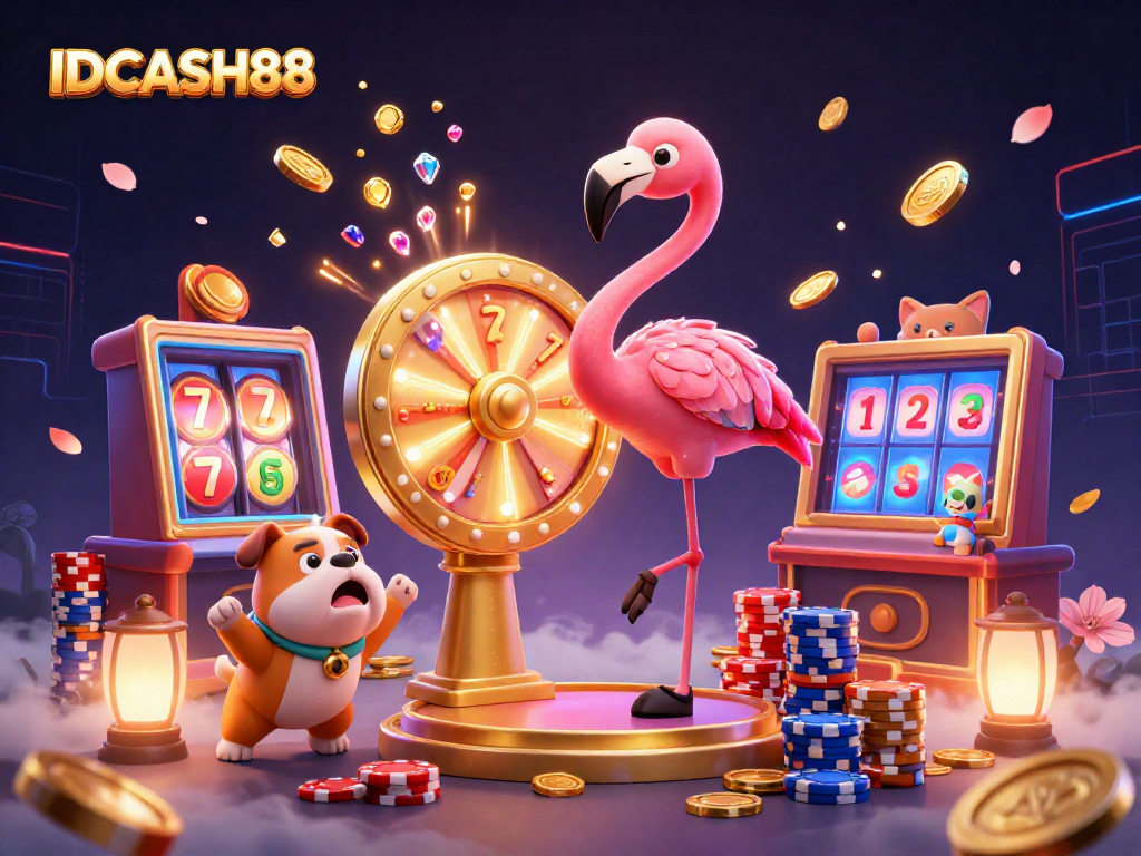 Experience thrilling gameplay at IDCASH88 with vibrant 3D slot action, golden prizes, and energetic characters!