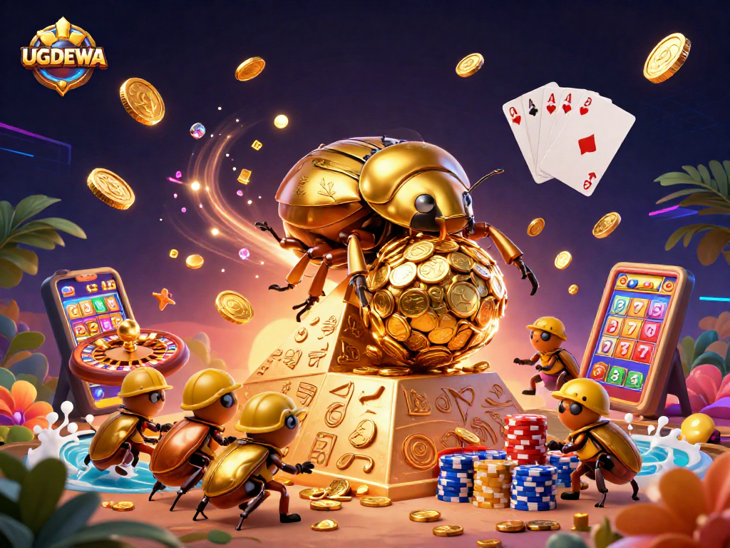 Engage with UGDEWA in an exciting casino scene featuring vibrant characters and winning symbols.