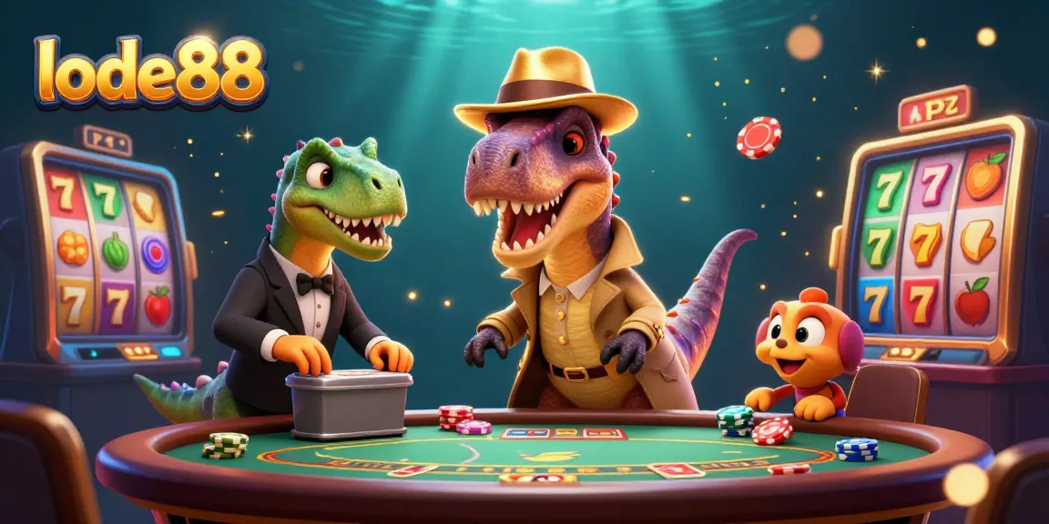 Join the lode88 adventure with a velociraptor card counter at a lively blackjack table surrounded by slot action.